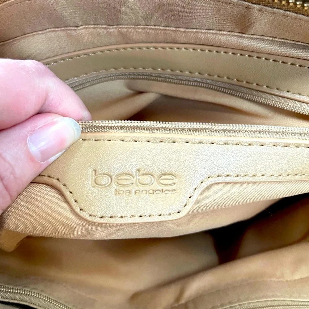 Bebe tan tote with beaded branding and card case
